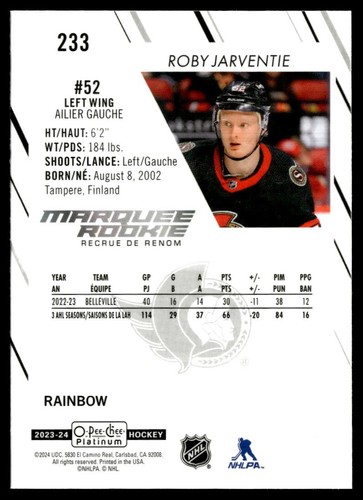 2023-24 O-Pee-Chee Platinum Marquee Rookies Rainbow Roby Jarventie #233 Rookie - Picture 2 of 2