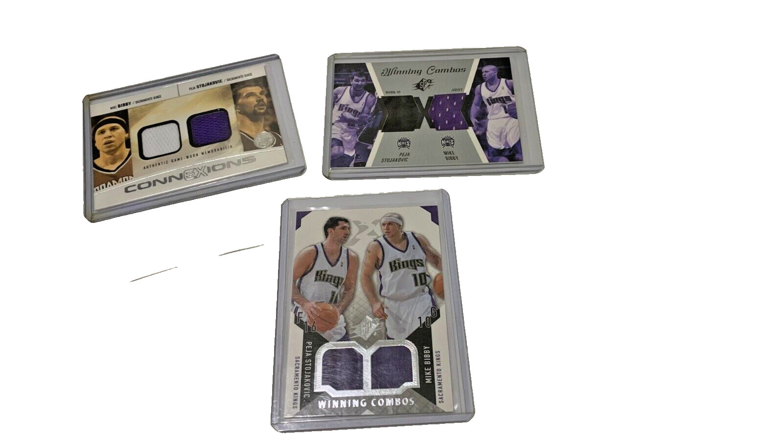 3 Card Lot Mike Bibby / Peja Stojakovic Jersey / Warm-Ups, 03-04 SPx, 04-05 E-XL