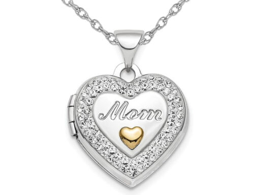 Sterling Silver Mom Heart Crystal Locket with Chain - Afbeelding 1 van 4