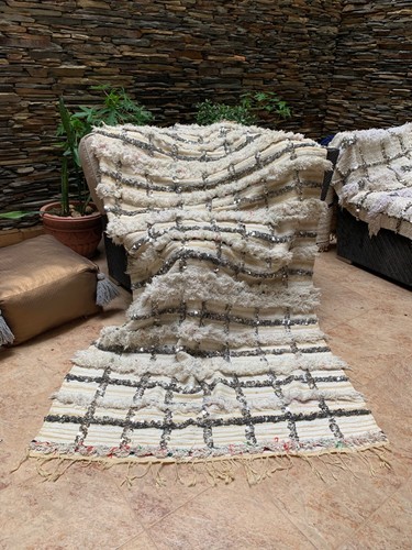 Moroccan Vintage Handira Wedding Blanket Handmade Berber Sequins Rug 03YS00330 - Picture 10 of 12