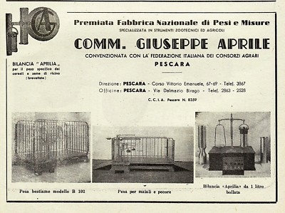 ADVERTISEMENT 1952 SCALES WEIGHTS MEASURES COMM. GIUSEPPE APRIL PESCARA SCULA