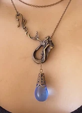 Mermaid Necklace Art Nouveau Siren Lariat Pendant W/ Antique Blue Czech Glass