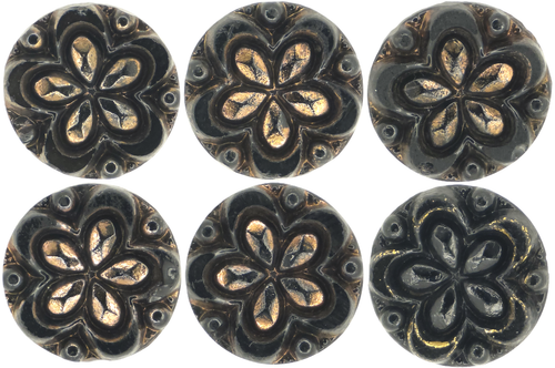 C1890s Victorian Black Glass Floral Starburst Bronze Luster Button Set LOT 6
