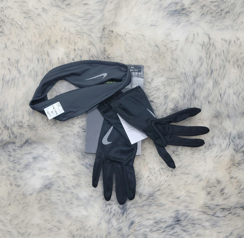 NUEVO CON ETIQUETAS CONJUNTO DE DIADEMA Y GUANTES PARA CORRER NIKE DRY PARA MUJER LOGOTIPO M/L NEGRO CON GRIS  Foto 3 de 4