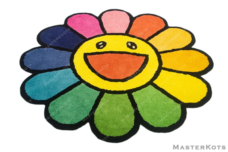 Murakami Smiley Flower Multicolored Hand Tufted 100% Wool Soft Area Rug Carpet - Image 3 of 4