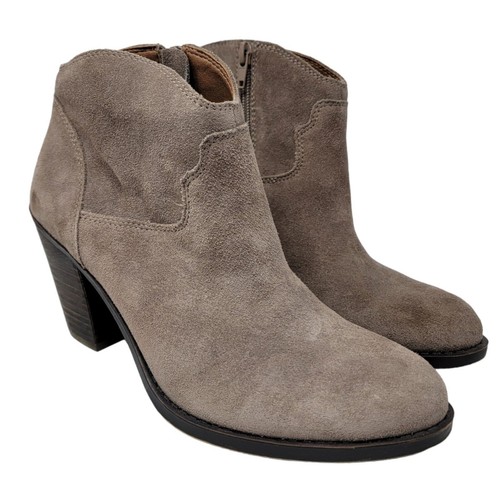 Lucky Brand Ankle Boots 7.5M Eller Beige Suede Western Cowgirl Stacked Heel Zip