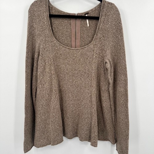 Free People Swing Out Sister Sweater Women's Large Brown Back Zip Scoop Neck