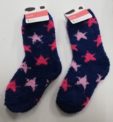 Ex Chain Store Mädchen 2 Paar blau rosa Sterne warme flauschige Socken Größe UK Größen 6-12