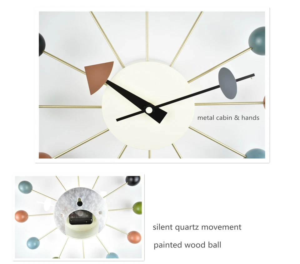 Wood Ball Wall Clock 13 in George Nelson Style Mid Century Modern living room - Image 4 of 4