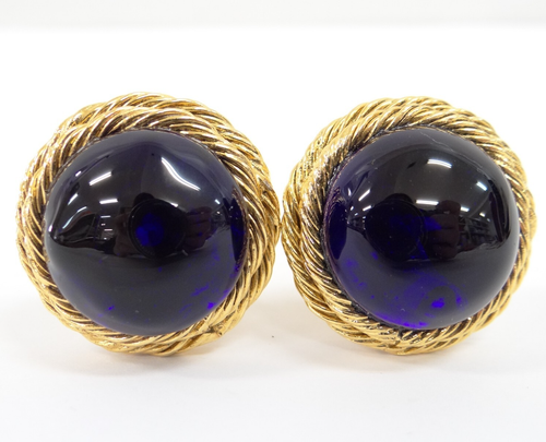 CHANEL Clip on Earrings 25 CC Round Blue Stone France Free Ship 15220005500 2 - Picture 2 of 14