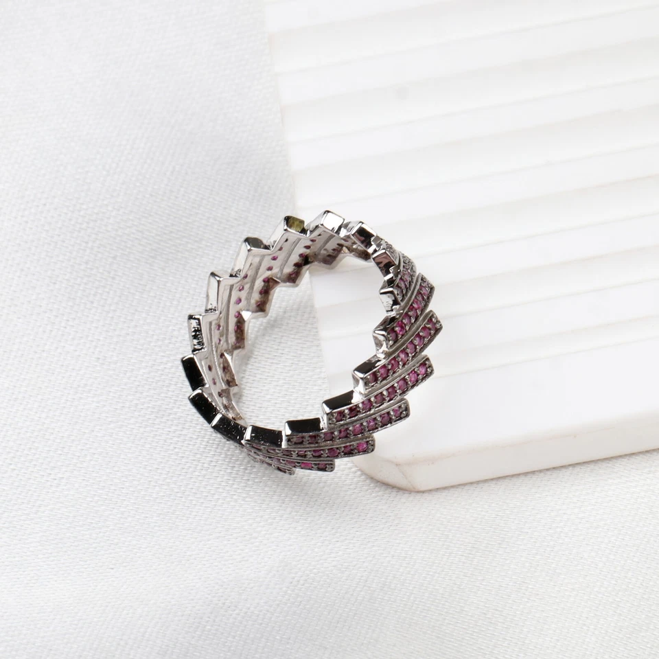 Conjunto de pavé de plata de ley 925 rubí diamante eternidad alianza de boda todos los tamaños de anillo Foto 2 de 4