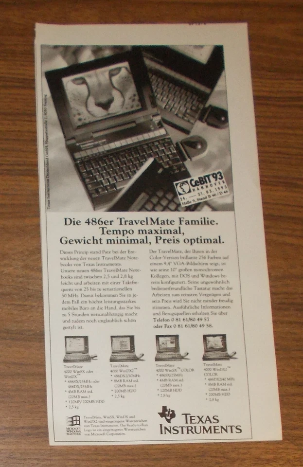 Seltene Werbung TEXAS INSTRUMENTS TRAVELMATE 4000 WinDX2 Notebook 1994 - Bild 1 von 1