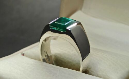 Emerald Cut Green Lab Created Emerald Sterling Ring Silver 925 Handmade Men Ring - Picture 2 of 12