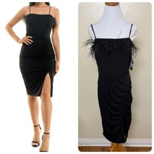 City Studios Juniors' Feather-Trim Ruched Bodycon Dress Sz 13/14 Black