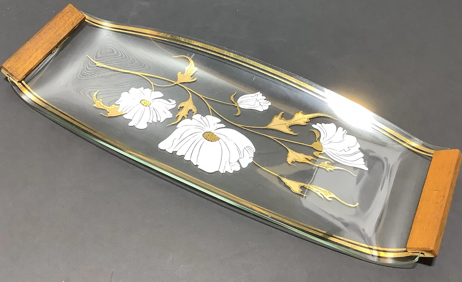Chance Glass Sandwich Tray White Flower Gold Teak Handle Vintage Mid Century