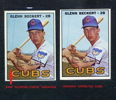 1967 TOPPS #296 GLENN BECKERT CUBS ''GLOWING LINE'' ERROR VARIATION CARD PAIR