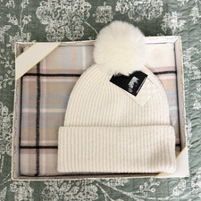 Nine West Women s 2-Piece Set Ivory Knit Beanie Faux Fur Pom Plaid Scarf