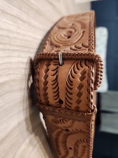 Intriquite Tooled Leather Belt Brown Hand Laced Edging 28 To 36 Inches
