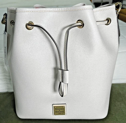 Dooney & Bourke Ecru Saffiano Leather Drawstring Bucket Bag NWT Read Description