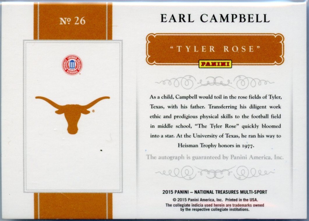 EARL CAMPBELL 2015 NATIONAL TREASURES COLLEGIATE NOTABLE NICKNAMES AUTO SP 12/25 view 2