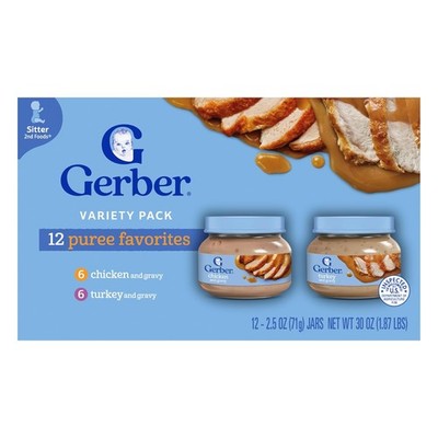 Gerber Stage 2 Baby Food Chicken & Turkey Variety Pack Puree Jars 12-Pack