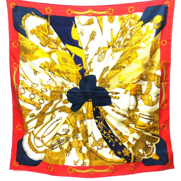 Used Hermes Carre 90 Scarf Silk 100 Red Navy Soleil De Soie/Silk Sun