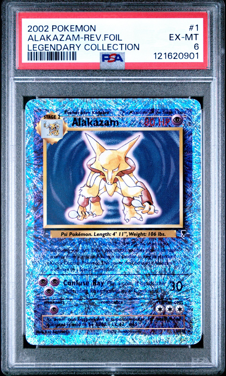 2002 POKEMON LEGENDARY COLLECTION #1 ALAKAZAM-REVERSE FOIL PSA 6