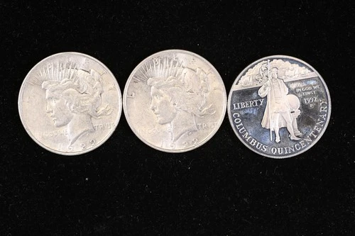 US 90% SILVER DOLLAR LOT OF 3 COINS PEACE & COMMEMORATIVE COLUMBUS FREE SHIP NR!