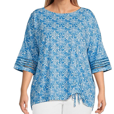 NWT Ali Miles Women's XL Short Sleeve Blue Geometric Knit Shirt  Linen Top