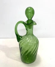 Vintage Blown Art Glass Green Cruet Mini Decanter Pitcher Stopper Handle. 5-6”