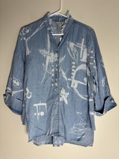 Multiples Women?s Blue Chambry Blouse Abstract Floral Print Sz XS Boho Artsy