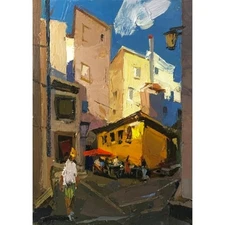 ORIGINAL Art Oil Painting Cityscape Café in Lisbon 14.1"x9.8" Yuri Gliudza