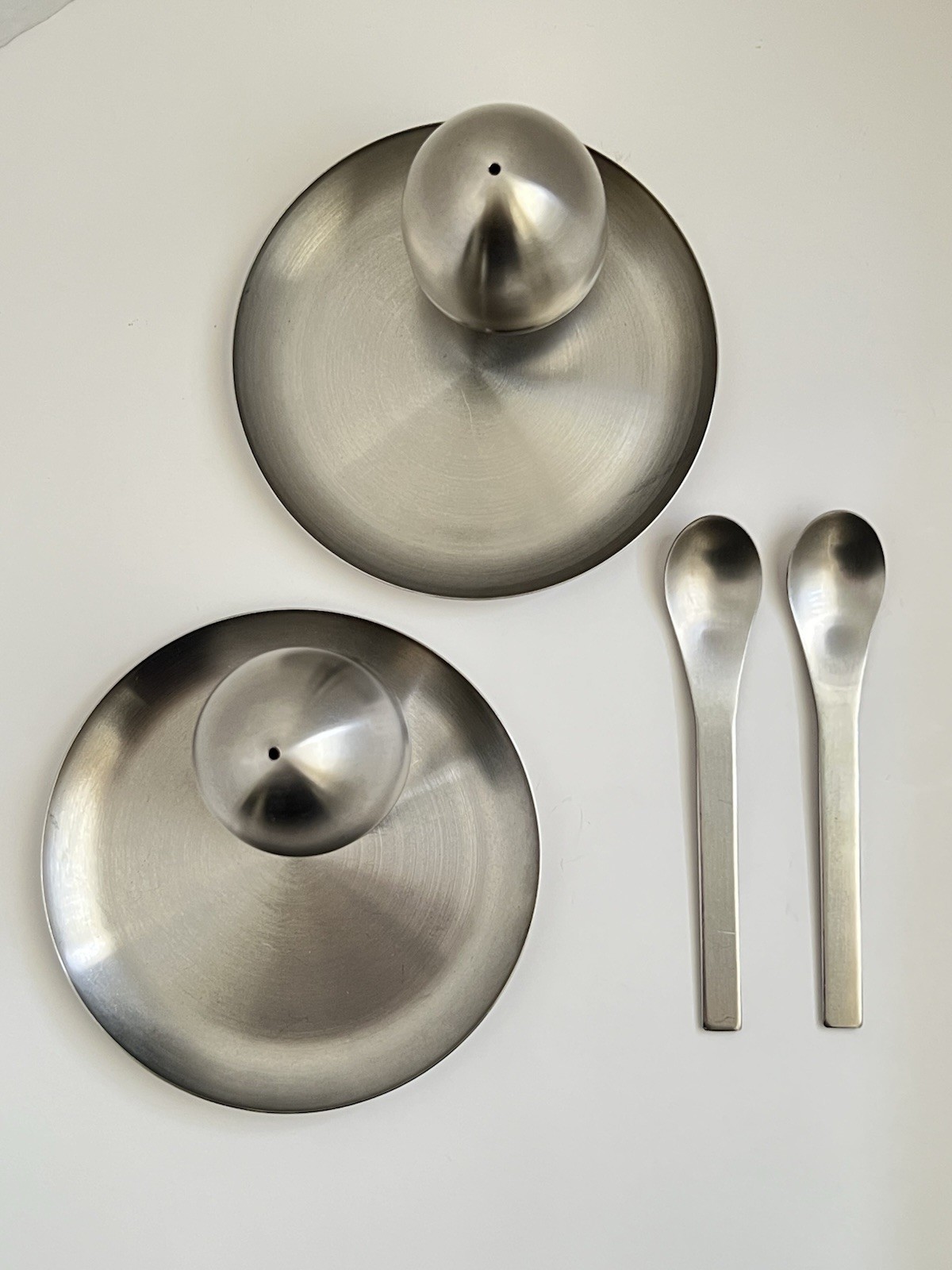 2 Modernist Mcm Stainless Steel Egg Cups W/ Built In Salt And Pepper And Spoons