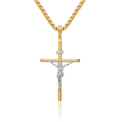 14K Solid Two Tone Gold Jesus Lord Christ Crucifix Cross Necklace