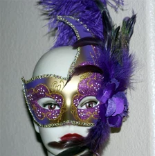 VENETIAN Mardi Gras Masquerade Ball Womens GOLD PURPLE SWAN MASK w/ FEATHERS New