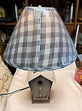 Birdhouse Lamp w/Gray Check Shade in Weathered Tin Finish by Irvin's Tinware-PS