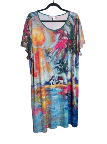 Leoma Lovegrove Palm Tree Printed Shirt Dress Plus Sz XXXL Artsy Tropical