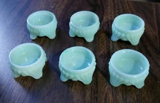 6 PC ANTIQUE SALT CELLARS - CAPRICE PATTERN - MILKY LIGHT GREEN PRESSED GLASS 