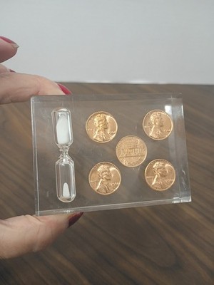Lucite/Acrylic Paperweight, 1968 Floating Pennies &3 min. hourglass / egg timer