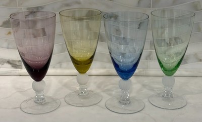 Vtg 1970's Spectrum Crystal Multi-Colored Glass Set of 4 Water Goblets
