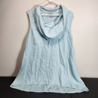 Aiden Lane 100% Linen Blue Cowl Neck High Low Sleeveless Tunic Top XL Lagenlook 