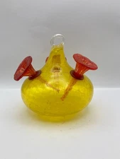 Hand Blown Yellow Red Cracked Art Glass Hummingbird Feeder Vintage