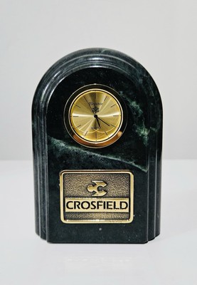 Crosfield BTS Quartz Desk Clock Green Marble Stone Gold Tone 1994 Vintage Boxed