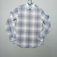 Hugo Boss Shirt mens Large white blue Check long sleeved designer Oxford Slim 