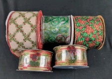  Lot of 5 Red/Green Christmas Wired Ribbon, 1.5" to 2.5" Wide x Approx 45 Yards