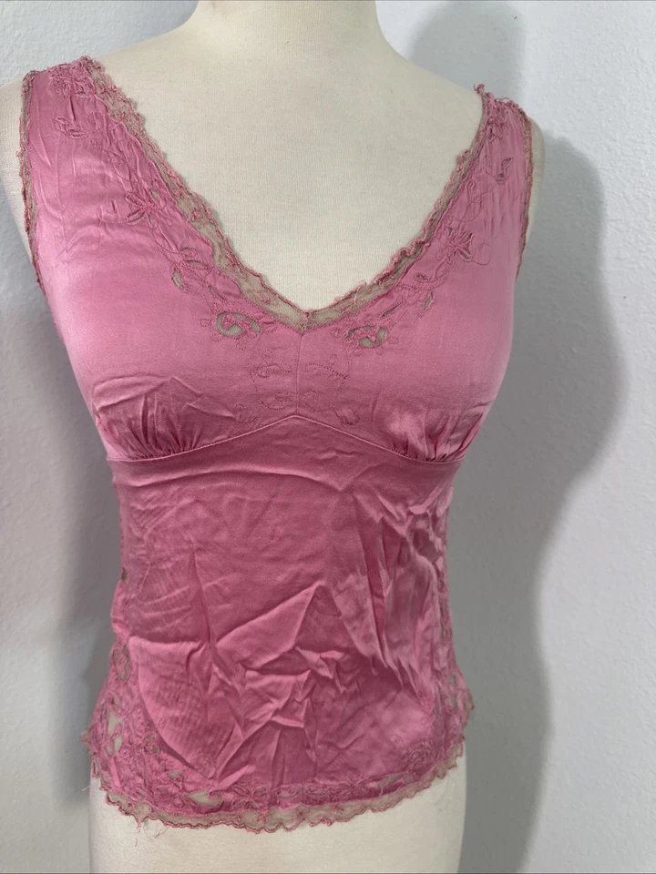 Elie Tahari атласная майка XS розовый кружевной отделки Babydoll вышитая кокетка Y2K - Изображение 2 из 4