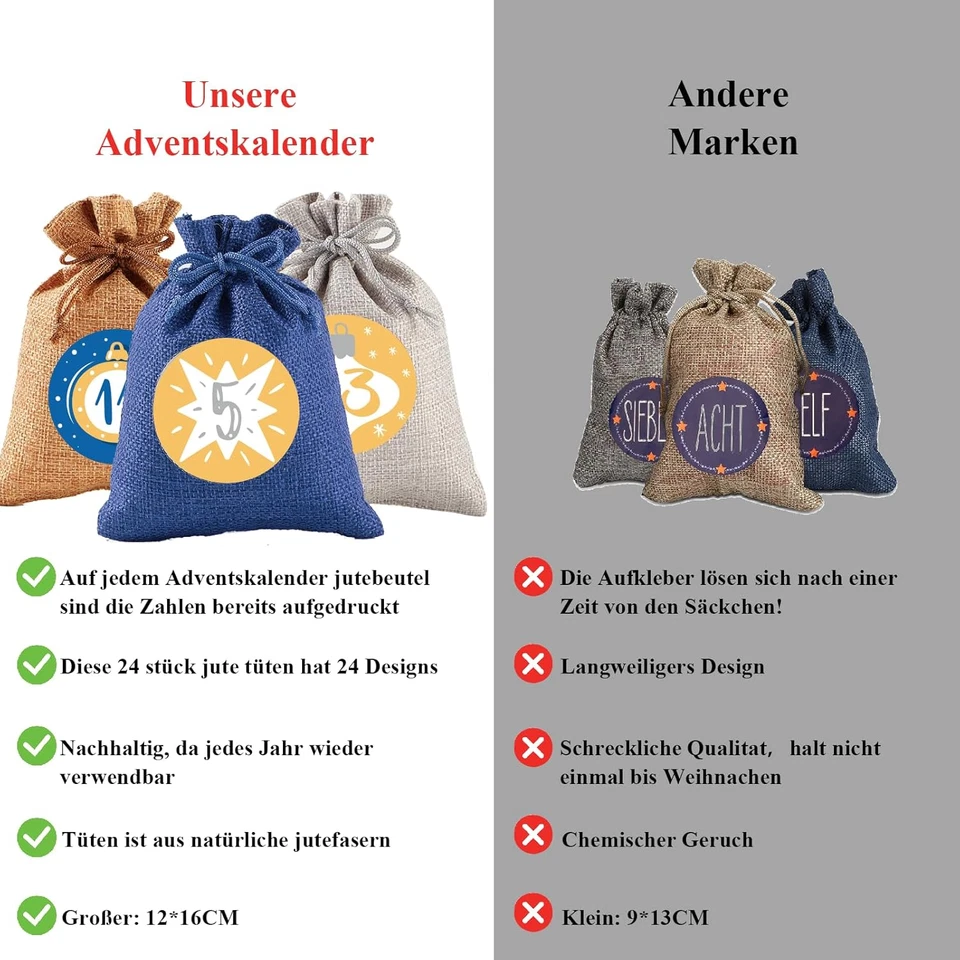 Adventskalender zum Befüllen Gedruckte Weihnachtskalender Jutesäckchen Selber - Bild 4 von 4