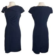 Tahari Sz 8 Navy Dress Cap Sleeve Asymmetrical Neck Rousing at Waist Sheath