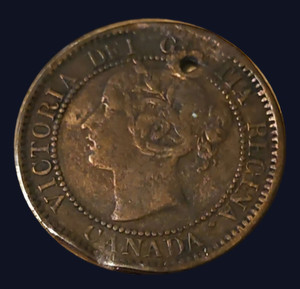 Canada 1858 Large Cent One Cent Victoria Young Head BN Bronze Coin (Holed)