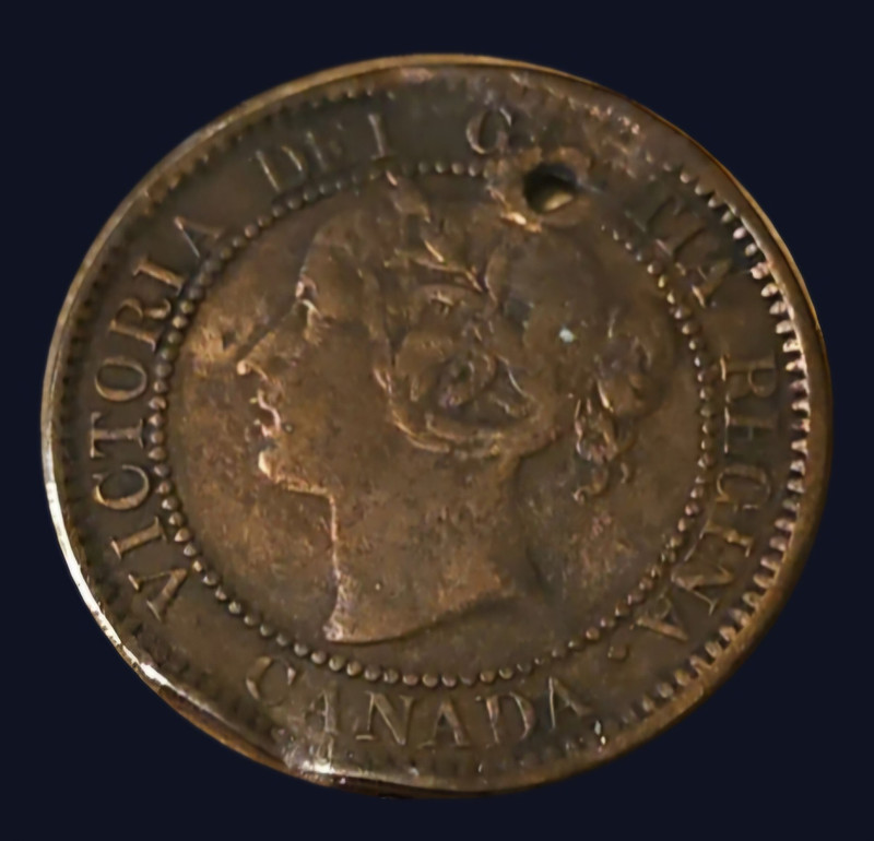 Canada 1858 Large Cent One Cent Victoria Young Head BN Bronze Coin (Holed)